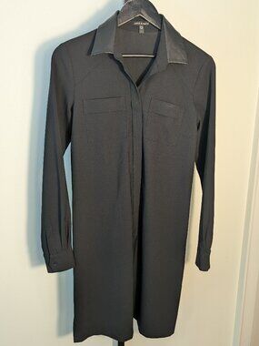 Judith & Charles Black Wool Shirt Dress Vegan Leather Collar | Made in Canada